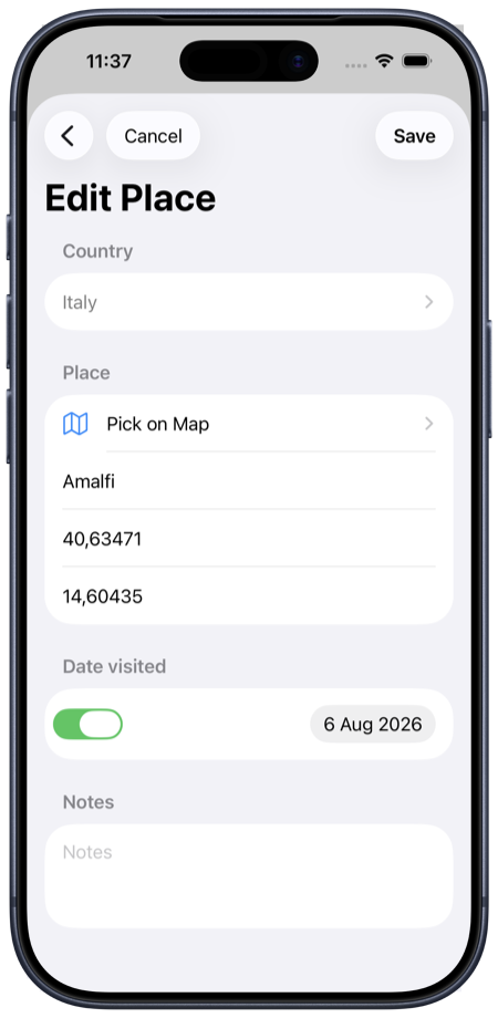 Place editor screen on iPhone