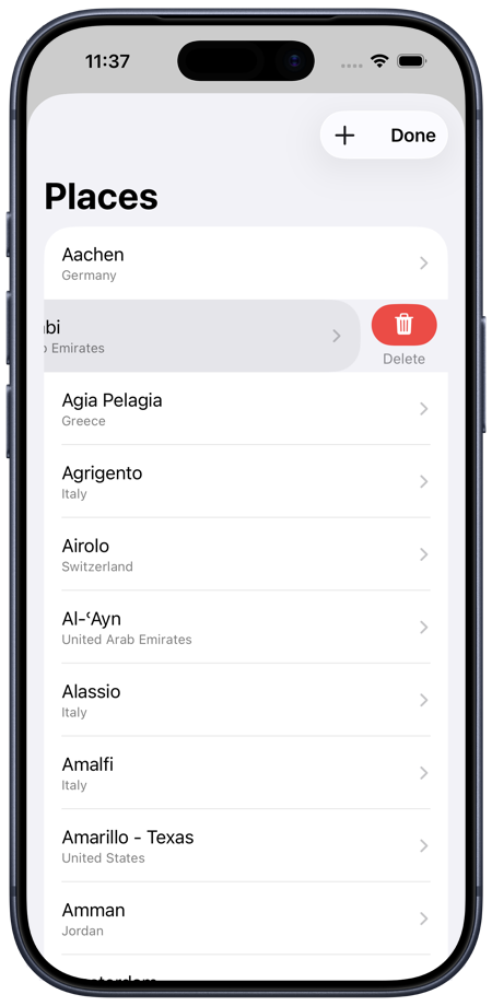 Places list with select and delete feature on iPhone